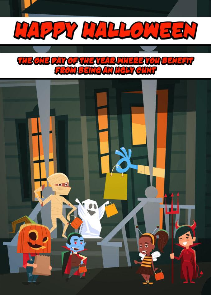 A Ugly Cnt Rude Halloween Card with a group of children in front of a house by Twisted Gifts.