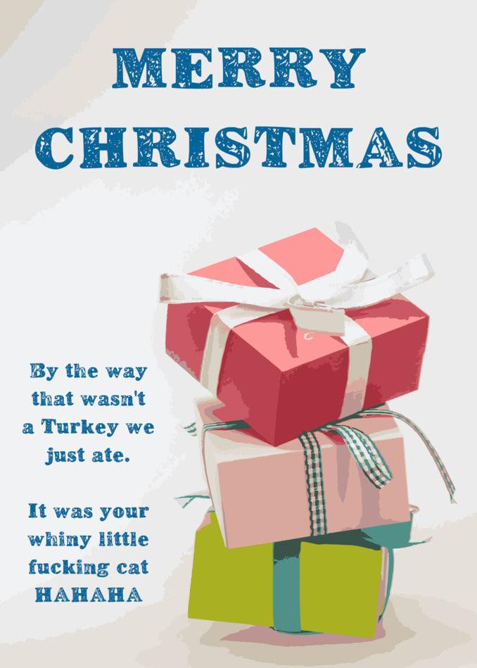 A festive Twisted Gifts Christmas card with presents, perfect for cat lovers.