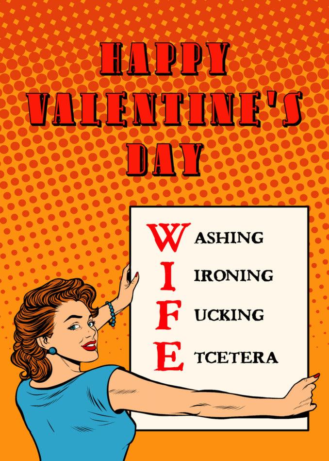 A woman holding a Twisted Gifts Wife Funny Valentine's Card sign that says happy valentine's day wife.