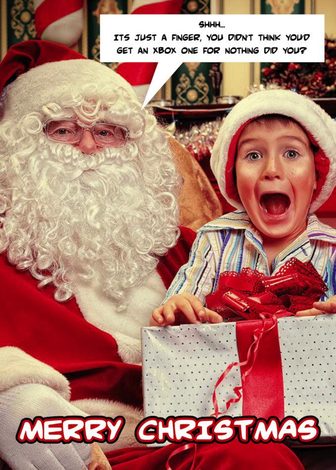 Twisted Gifts' XBox Rude Christmas Card with Santa Claus and a little boy holding a gift.