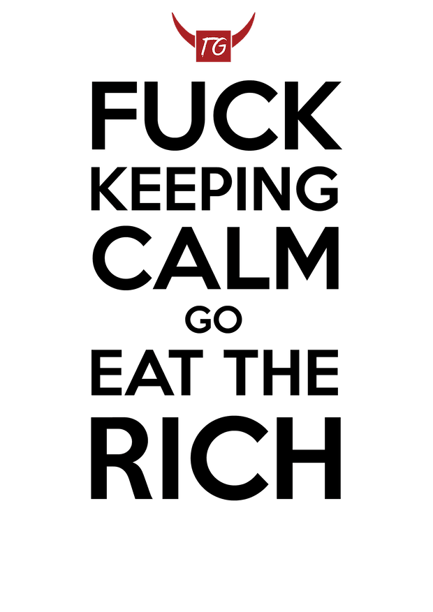 A black and red logo with the word "Eat The Rich T-Shirt" by Twisted Gifts on it.