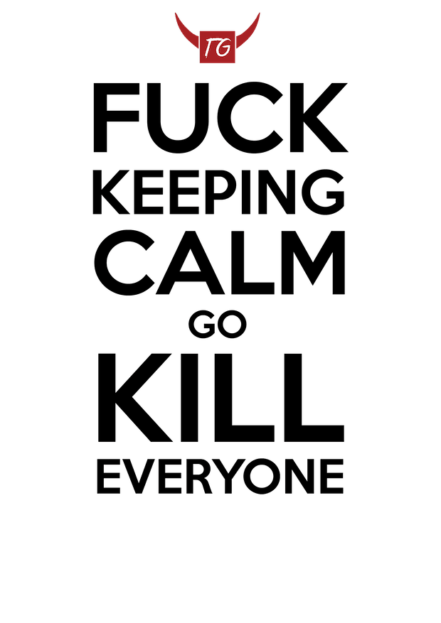 A black and red logo with the word "tg" on it, featuring the Kill Everyone T-Shirt by Twisted Gifts.