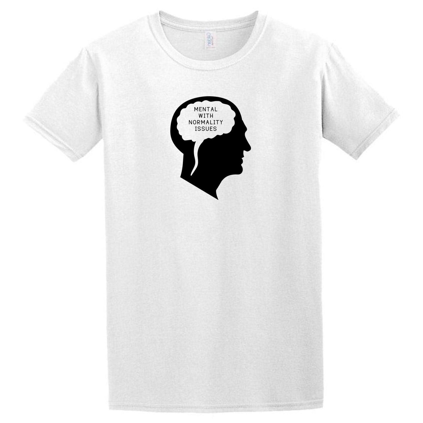 A Twisted Gifts Normality T-Shirt with a silhouette of a man's head.