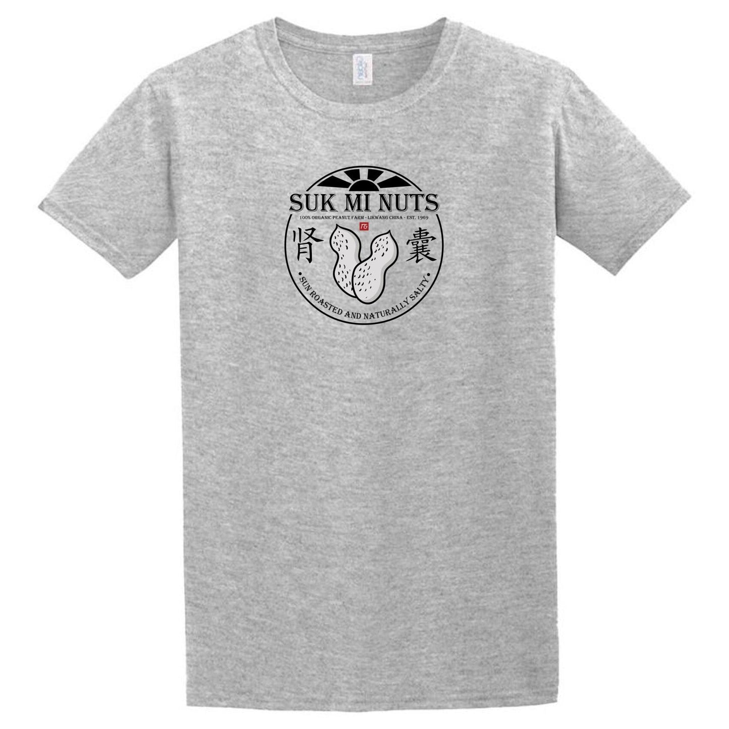 A Suk Mi Nuts T-Shirt by Twisted Gifts with a black and white logo on it.