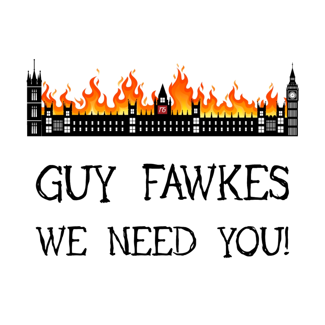 The Guy Fawkes Coaster by Twisted Gifts features a bold illustration of the UK Parliament on fire with "GUY FAWKES WE NEED YOU!"—a fun, stylish drink coaster to liven up your home decor.