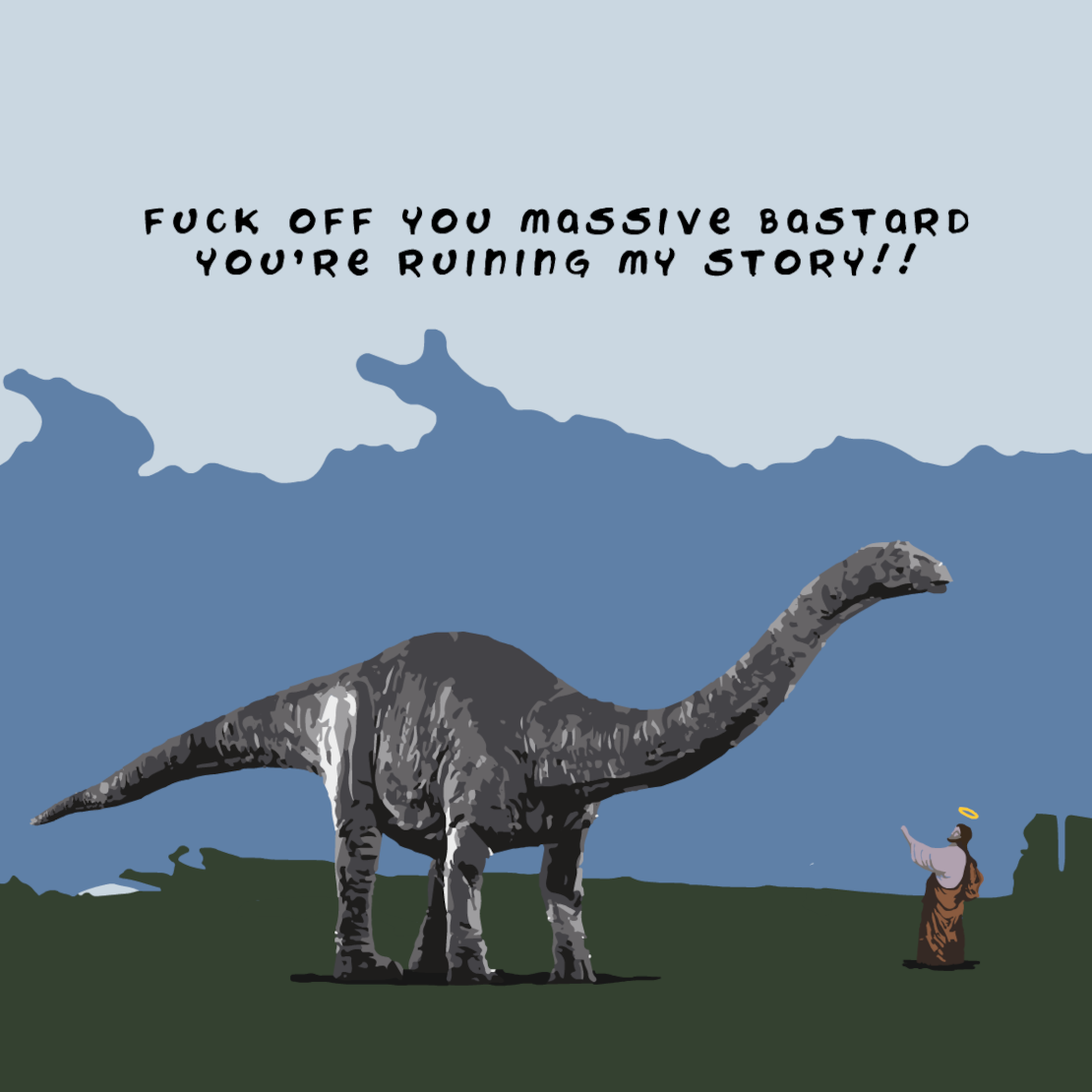 The Dino Jesus Coaster by Twisted Gifts features a person with a halo telling off a giant dinosaur—ideal for fans of blasphemous humor or as an irreverent gift.