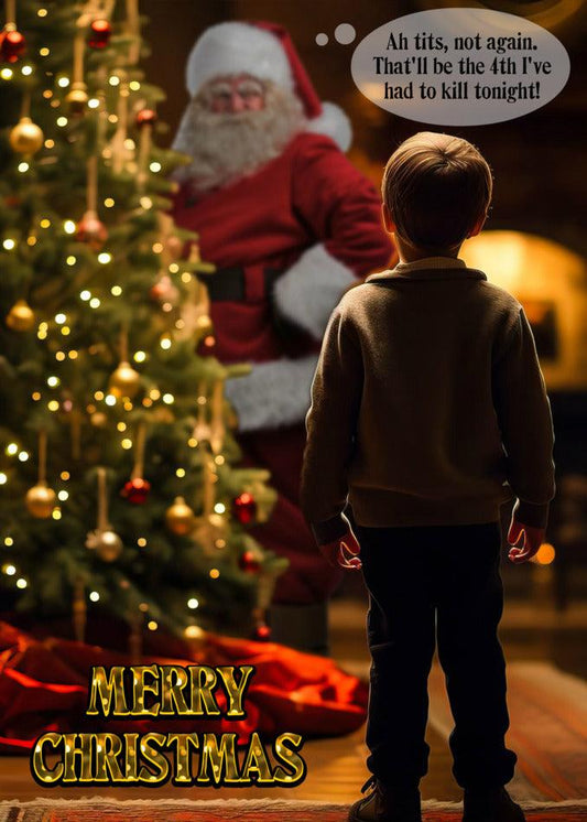A boy is hilariously mesmerized by a Christmas tree with Santa Claus, creating the perfect image for a 4th Tonight Funny Christmas Card by Twisted Gifts.