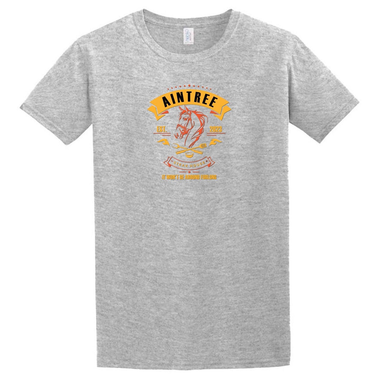 A Twisted Gifts Aintree T-Shirt featuring a gray background with a funny orange and yellow design.