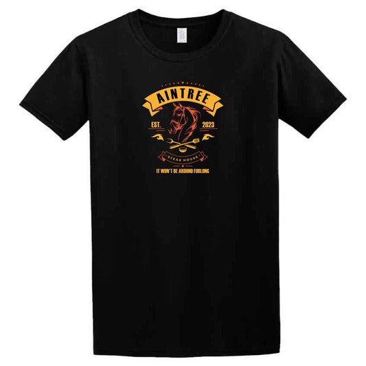 A Twisted Gifts Aintree T-shirt with a funny print of a rooster on it.