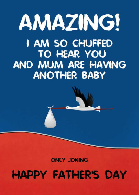 An Amazing Funny Father's Day card with a stork and a baby by Twisted Gifts.