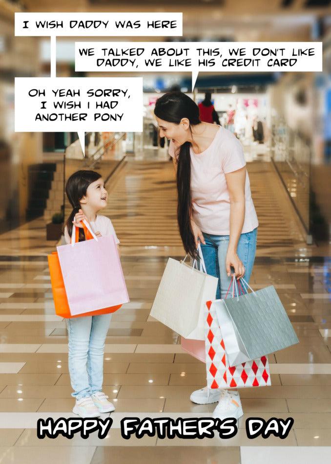 A woman and a girl holding shopping bags while picking out a Twisted Gifts Another Pony Funny Day Card.
