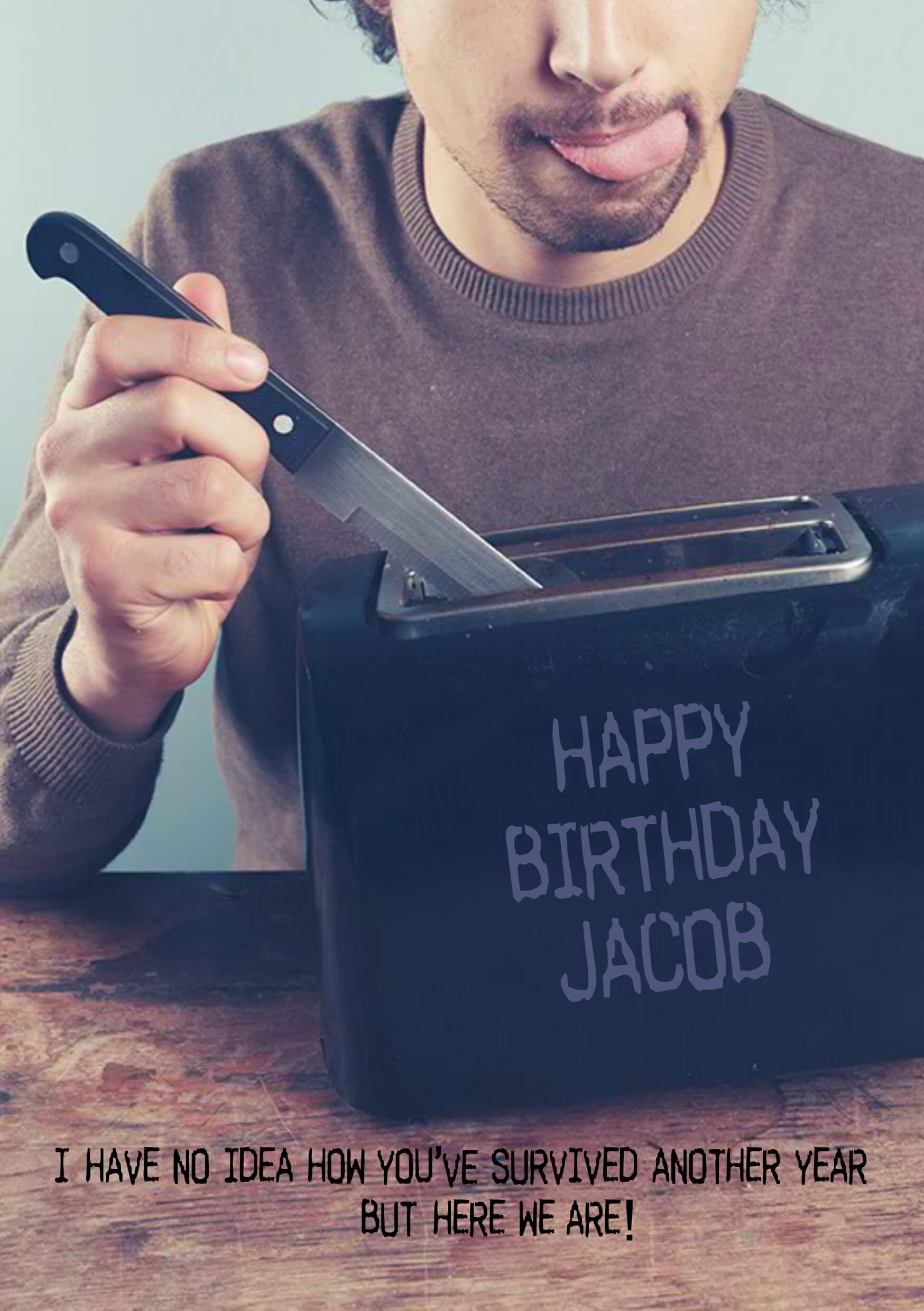 A man holding a Another Year Jacob toaster in a Twisted Gifts Greeting Card.