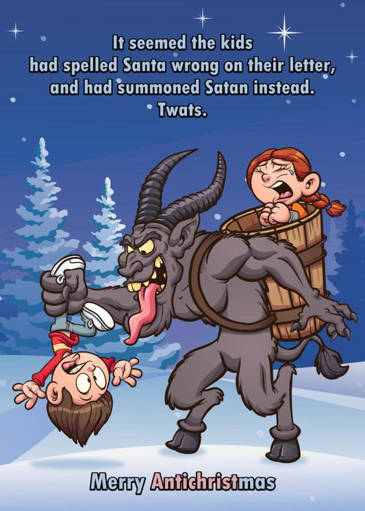An Antichristmas Funny Christmas Card featuring amusing word play with a devil and a kid during Christmas from Twisted Gifts.
