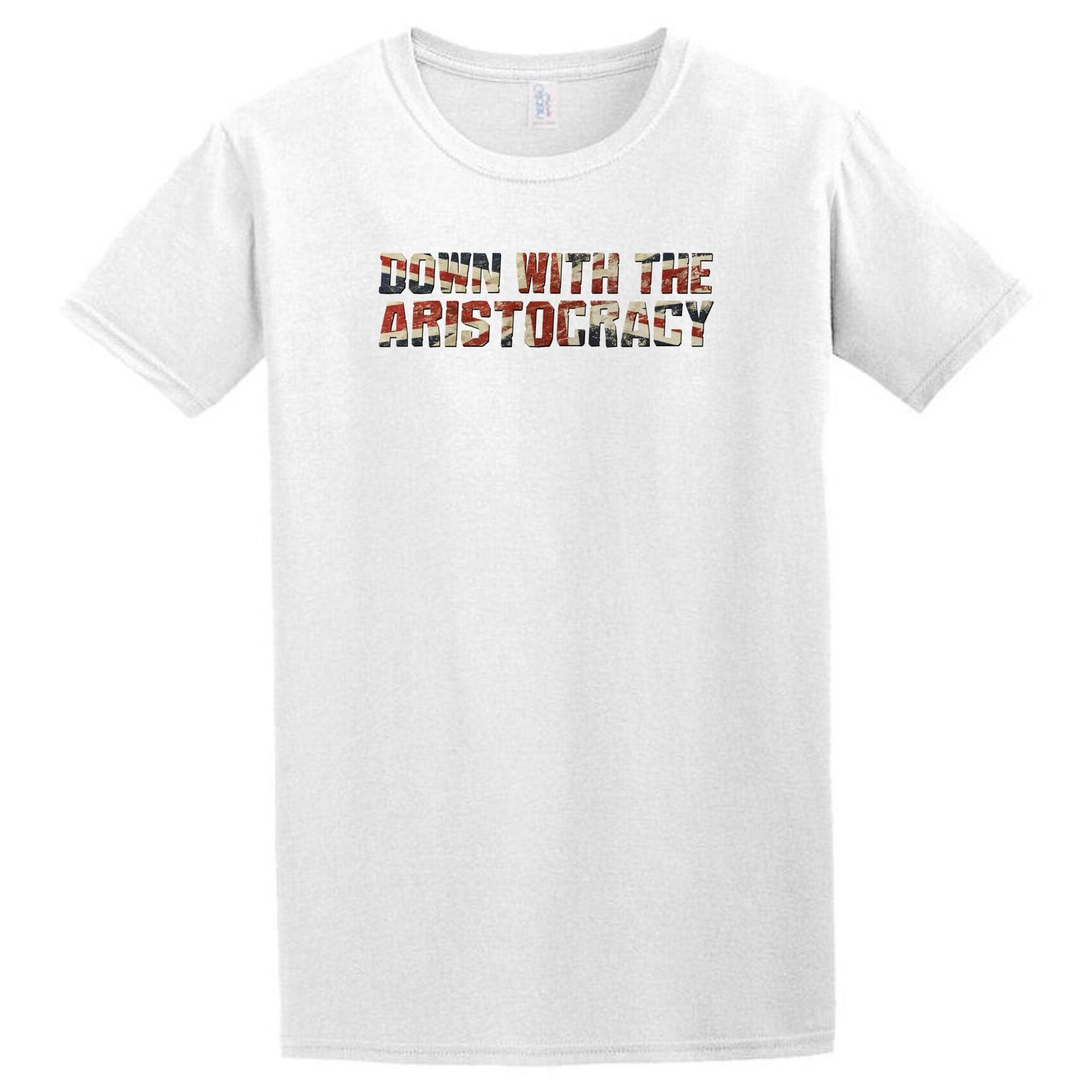 A Twisted Gifts Aristocracy T-Shirt with the words 'get with the times' printed on it. Perfect for political junkies interested in challenging the monarchy system.