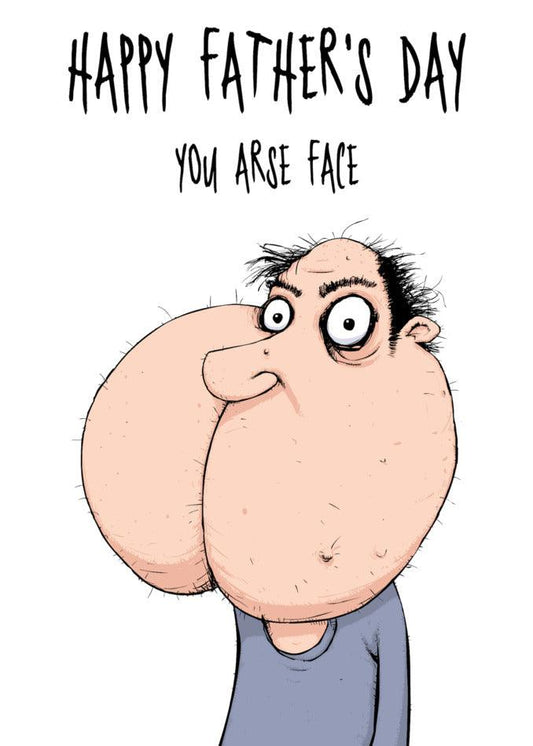 A hilarious cartoon of a man with large breasts, perfect for an Arse Face Insulting Father's Day Card from Twisted Gifts or as one of those twisted gifts that will surely bring laughter.