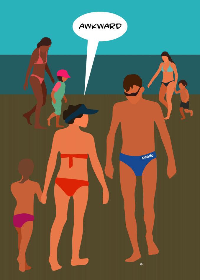 A cartoon of a hilarious group of people on the beach, perfect for a Twisted Gifts Awkward Rude Greeting Card.