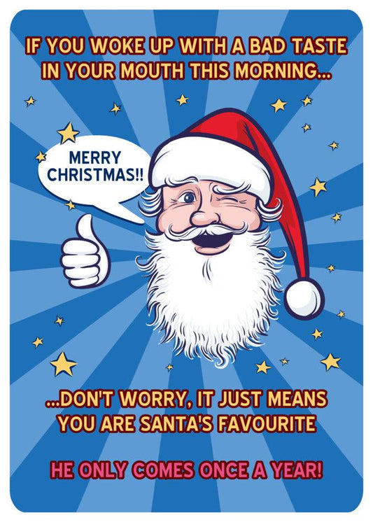 Santa Claus with a twisted taste in his mouth for Twisted Gifts' Bad Taste Rude Christmas cards.