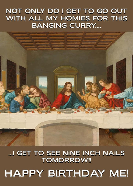 A Banging Curry Funny Christmas Card with a picture of the supper of Jesus, from Twisted Gifts.