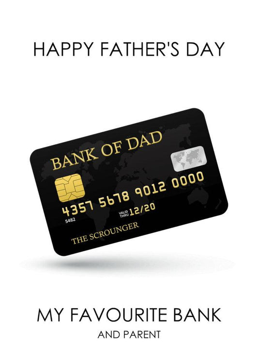 A black credit card with gold text, perfect for a Twisted Gifts Bank Of Dad Funny Father's Day Card.