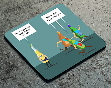 A Twisted Gifts Beer Party Coaster featuring a man running with a bottle of beer.