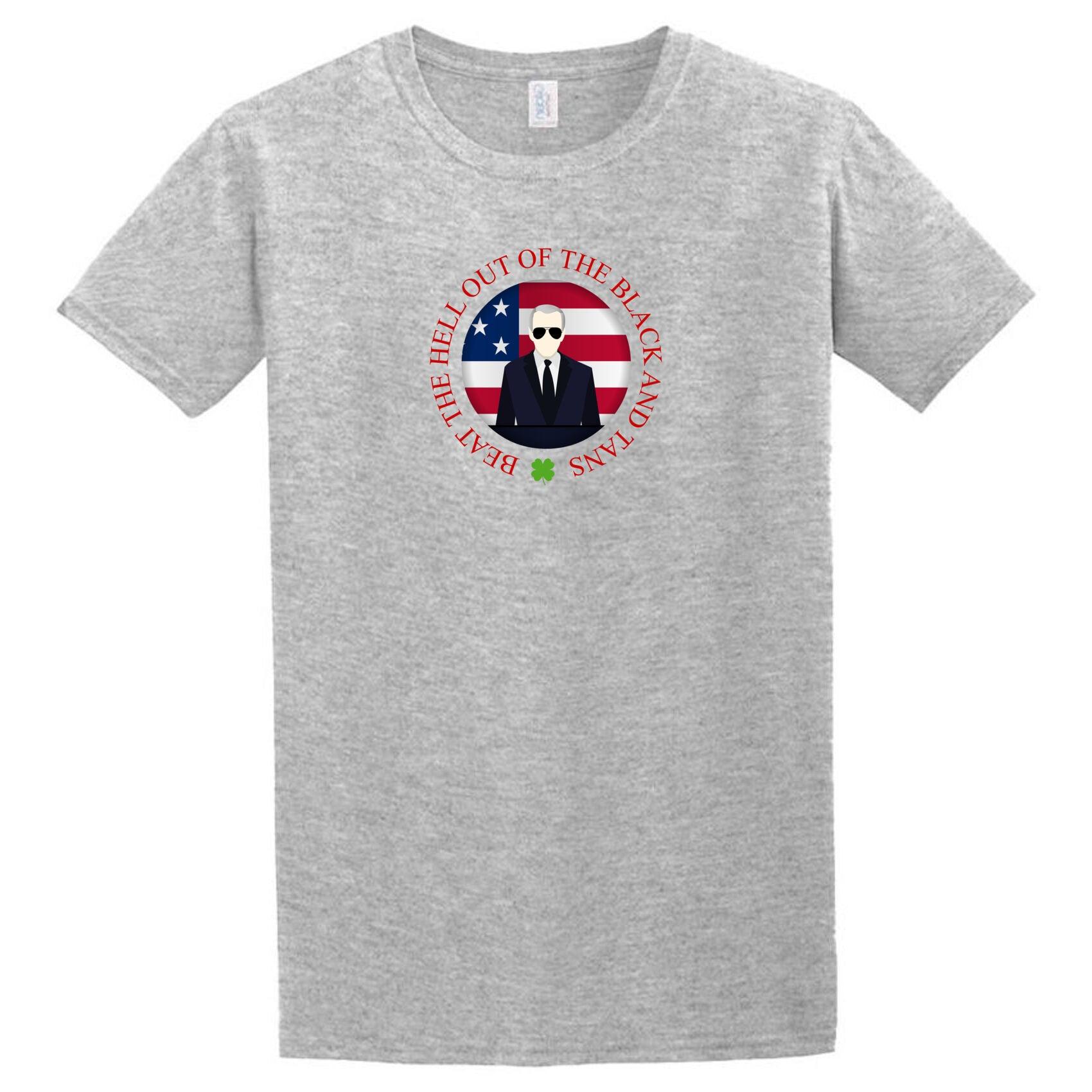 A Gray Twisted Gifts Black and Tans T-Shirt with an American flag on it.