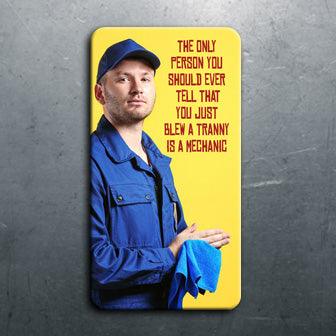 This phone case showcases a hilarious image of a plumber, making it a perfect addition to your collection of Twisted Gifts. With its eye-catching design, this Blew A Tranny Magnet phone case is a funny addition to your collection.
