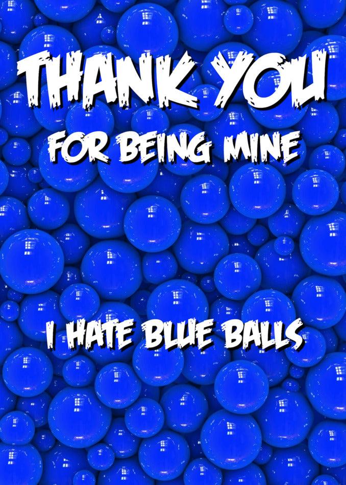 Thank you for being mine, I hate blue balls. Get a laugh with this Blue Balls Insulting Thank You Card from Twisted Gifts.