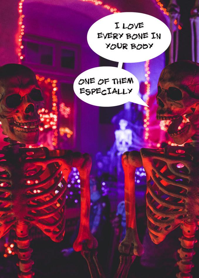 Two Bones Funny Valentine's Cards in front of a Halloween party from Twisted Gifts.