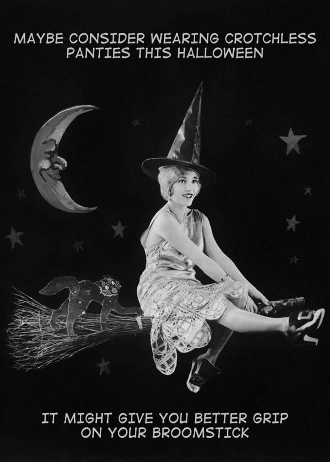 A black and white photo of a witch on the Broomstick Rude Halloween Card, perfect for a Halloween card from Twisted Gifts.