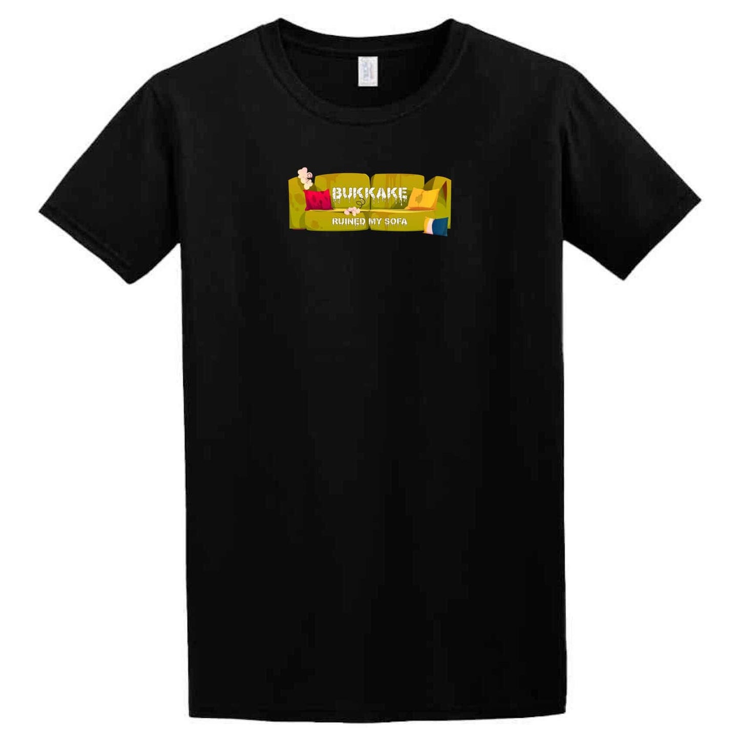 A Bukkake Sofa T-Shirt with a yellow logo on it by Twisted Gifts.