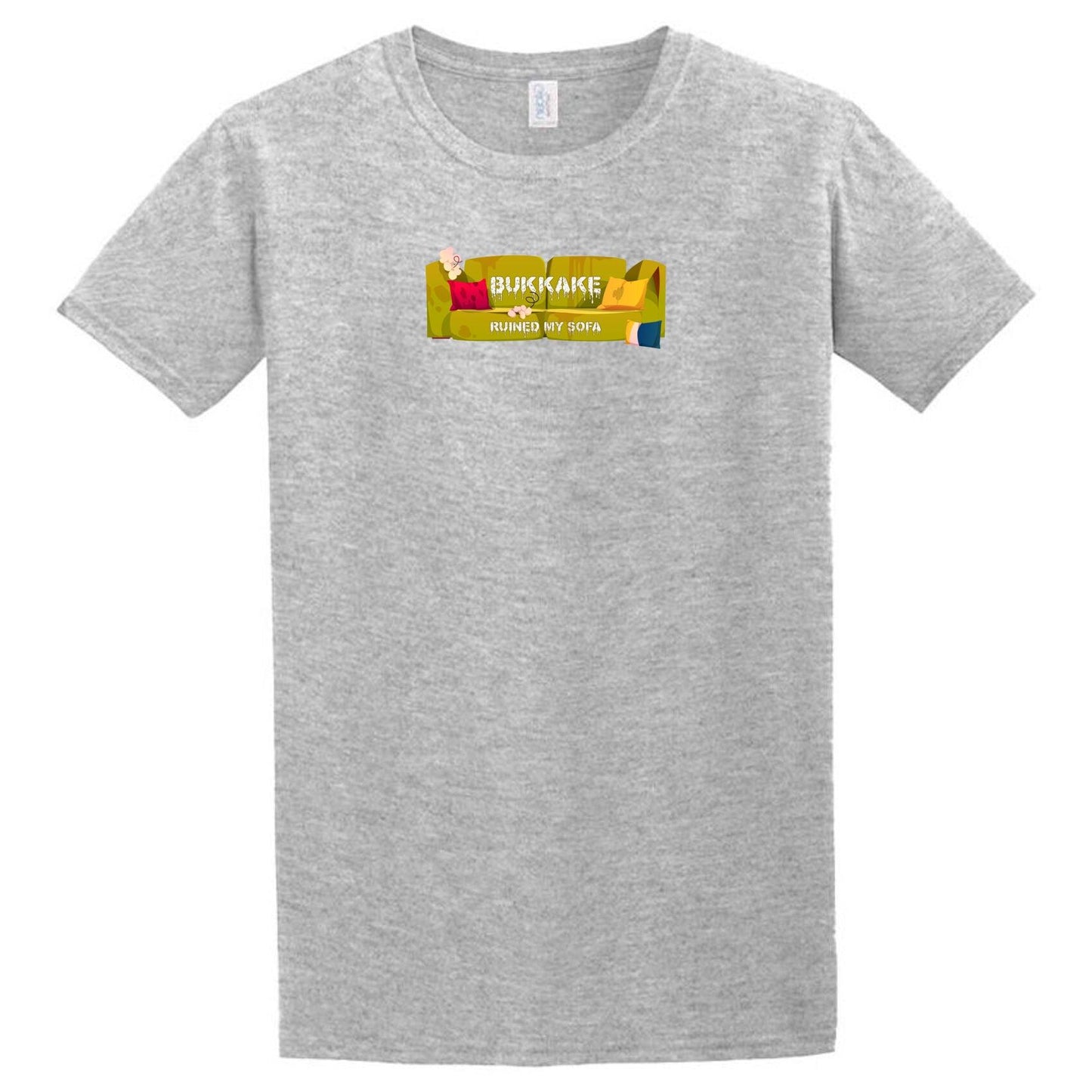 A gray Bukkake Sofa T-Shirt with a yellow Twisted Gifts logo on it.