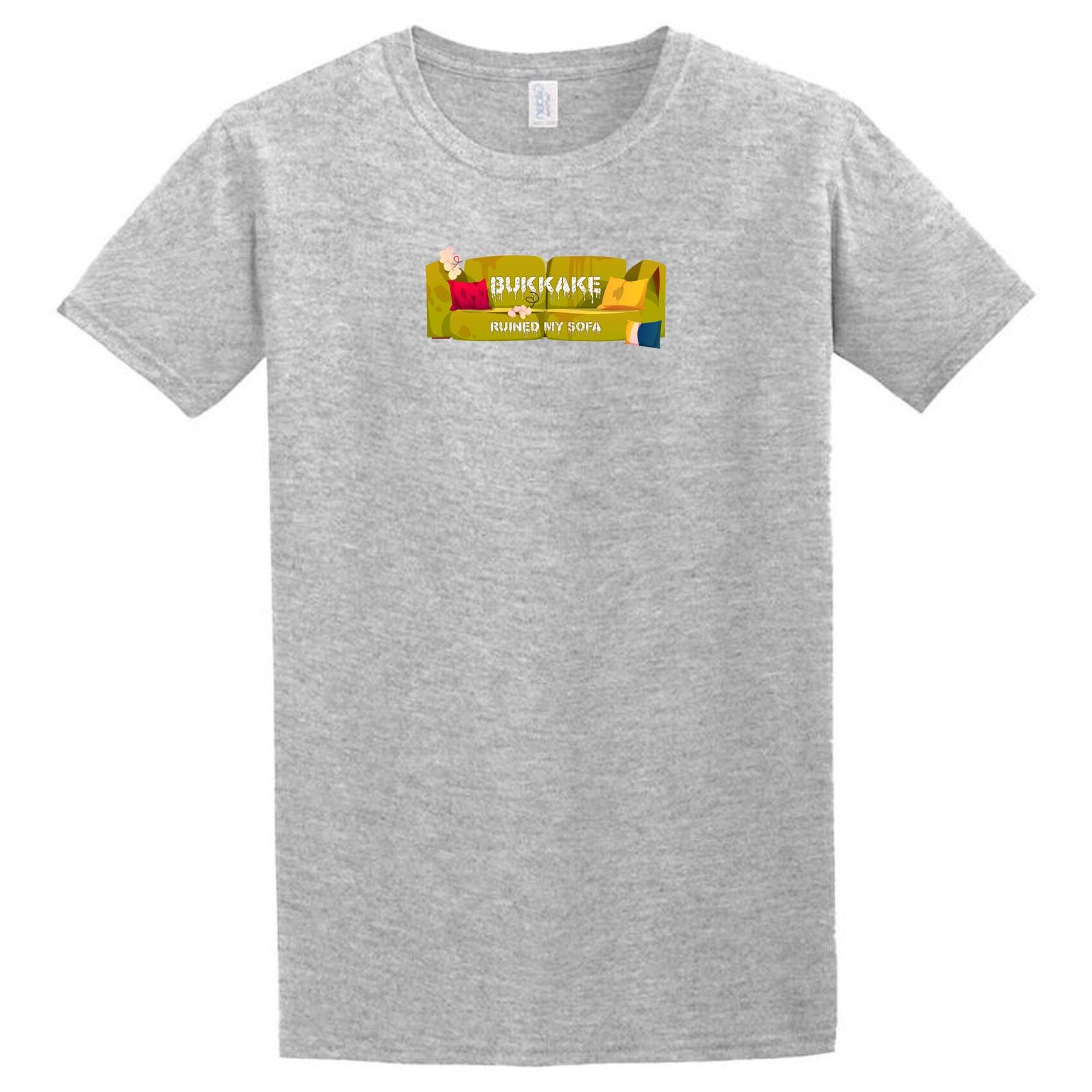 A gray Bukkake Sofa T-Shirt with a yellow Twisted Gifts logo on it.