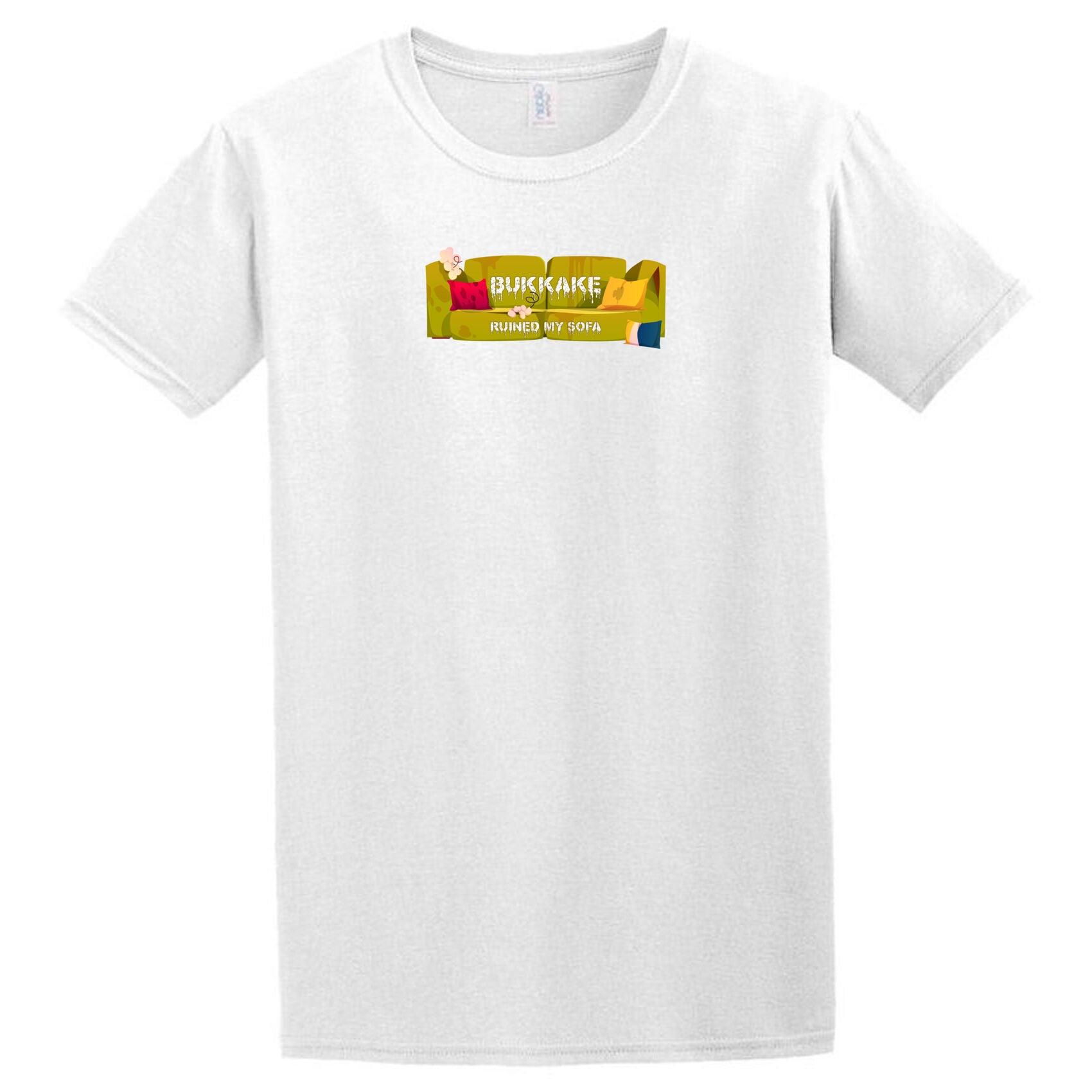 A Bukkake Sofa T-Shirt with a yellow logo on it from Twisted Gifts.