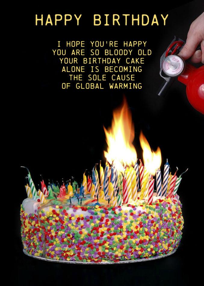 A person humorously holding a Twisted Gifts Candles Funny Birthday Card on a birthday cake.
