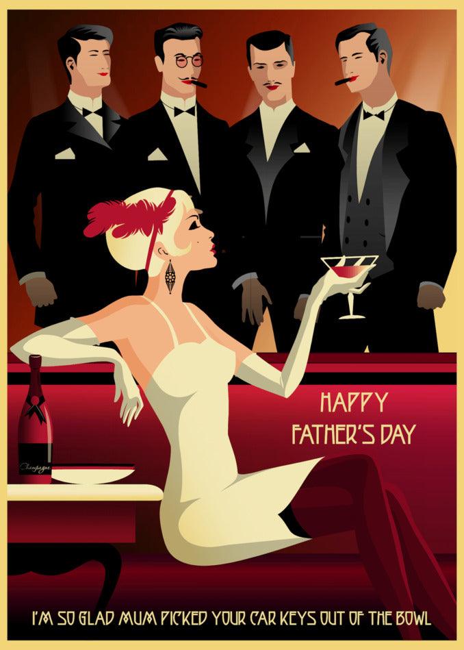 A Father's Day card featuring a woman holding a glass of wine, perfect for the Car Keys Rude Father's Day Card by Twisted Gifts.