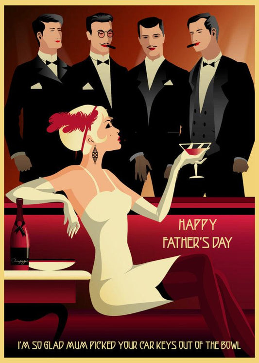 A Father's Day card featuring a woman holding a glass of wine, perfect for the Car Keys Rude Father's Day Card by Twisted Gifts.