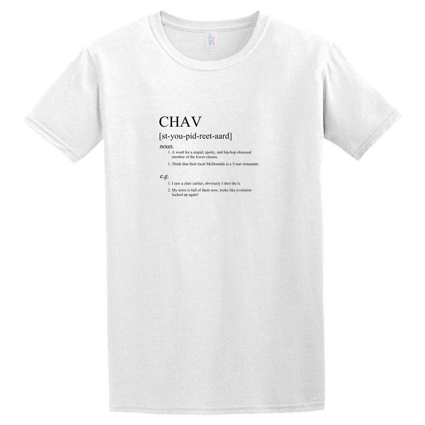 A white Chav T-Shirt with the word vad on it. Brand: Twisted Gifts.