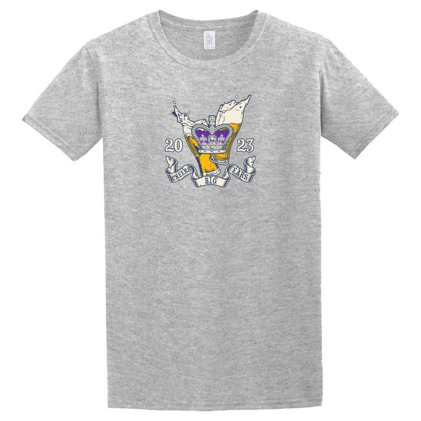 A gray historical satire Cheers Big Ears T-Shirt with an image of a crest, by Twisted Gifts.