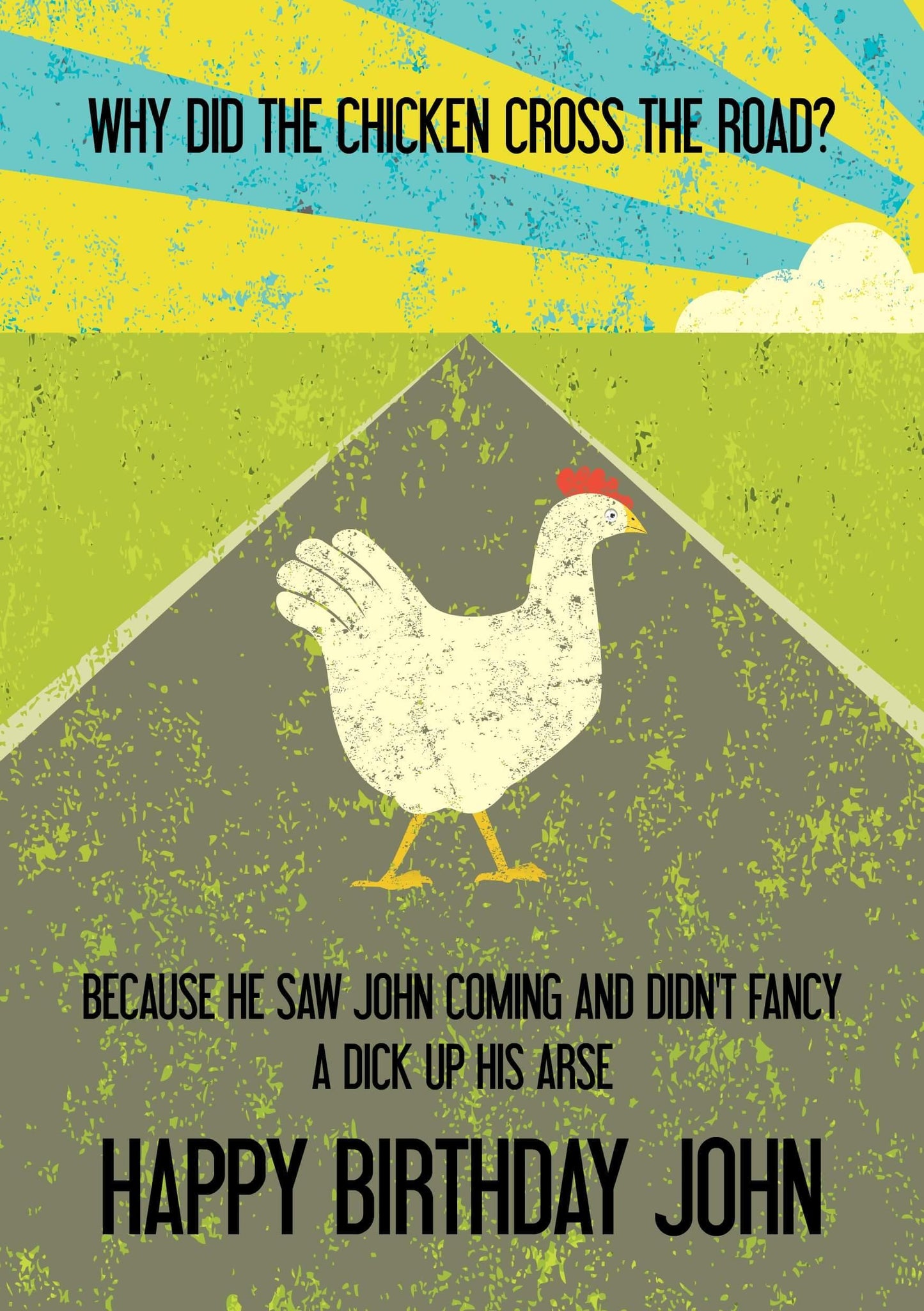 A Twisted Gifts greeting card for Chicken John featuring a chicken crossing the road.
