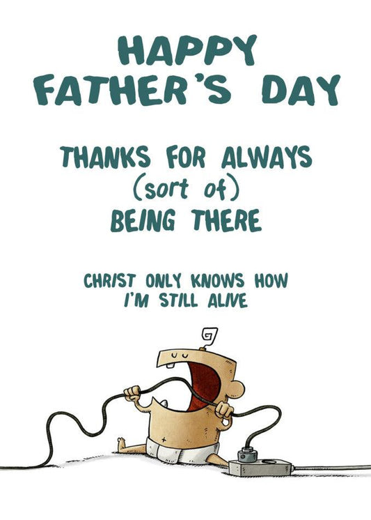 A cheeky cartoon of a man holding a rope, perfect as a Twisted Gifts Christ Knows Funny Father's Day card.