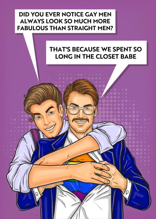 A fun and twisted Closet Funny Greeting Card by Twisted Gifts featuring two men embracing in a hug.
