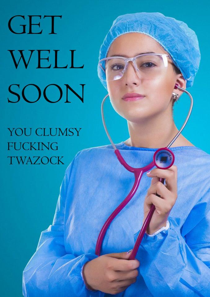 A woman holding a Clumsy Rude Get Well Soon Card with the brand name Twisted Gifts in a cheeky manner.