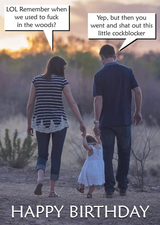A man and woman holding hands and walking with a child, accompanied by a subtle reminder of the Twisted Gifts Cockblocker Rude Birthday Card.