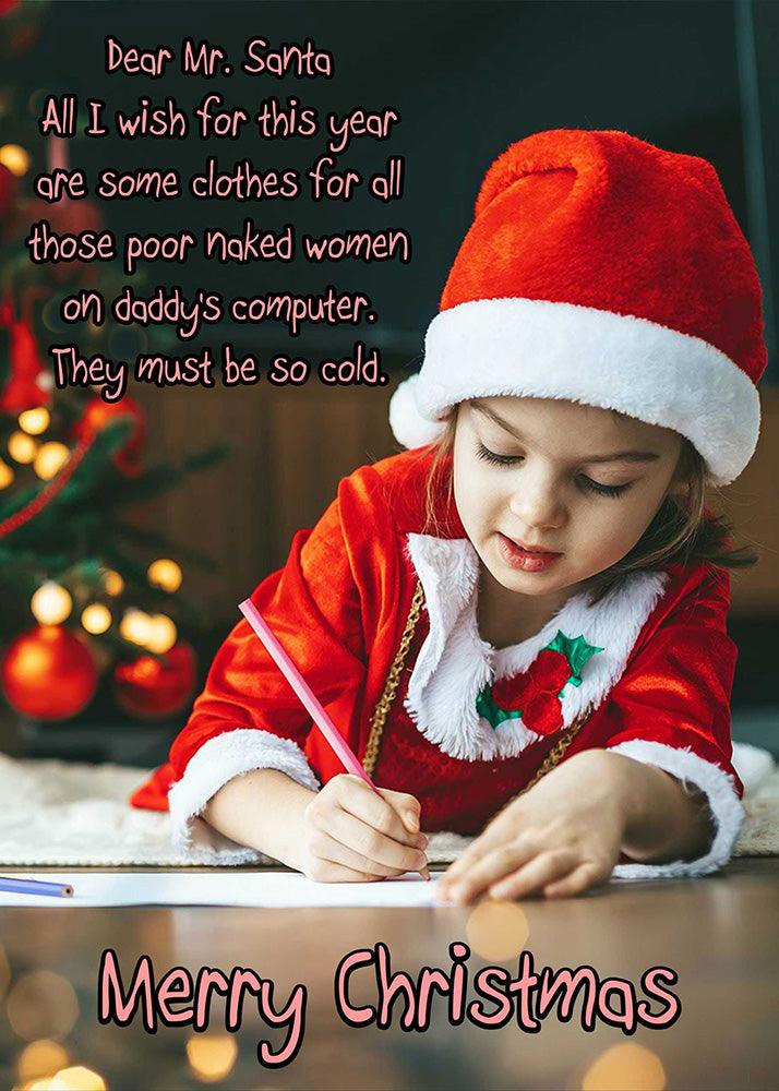 A little girl in a Santa Claus hat writing a Merry Christmas poem on a Daddy's Computer Funny Christmas Card by Twisted Gifts.