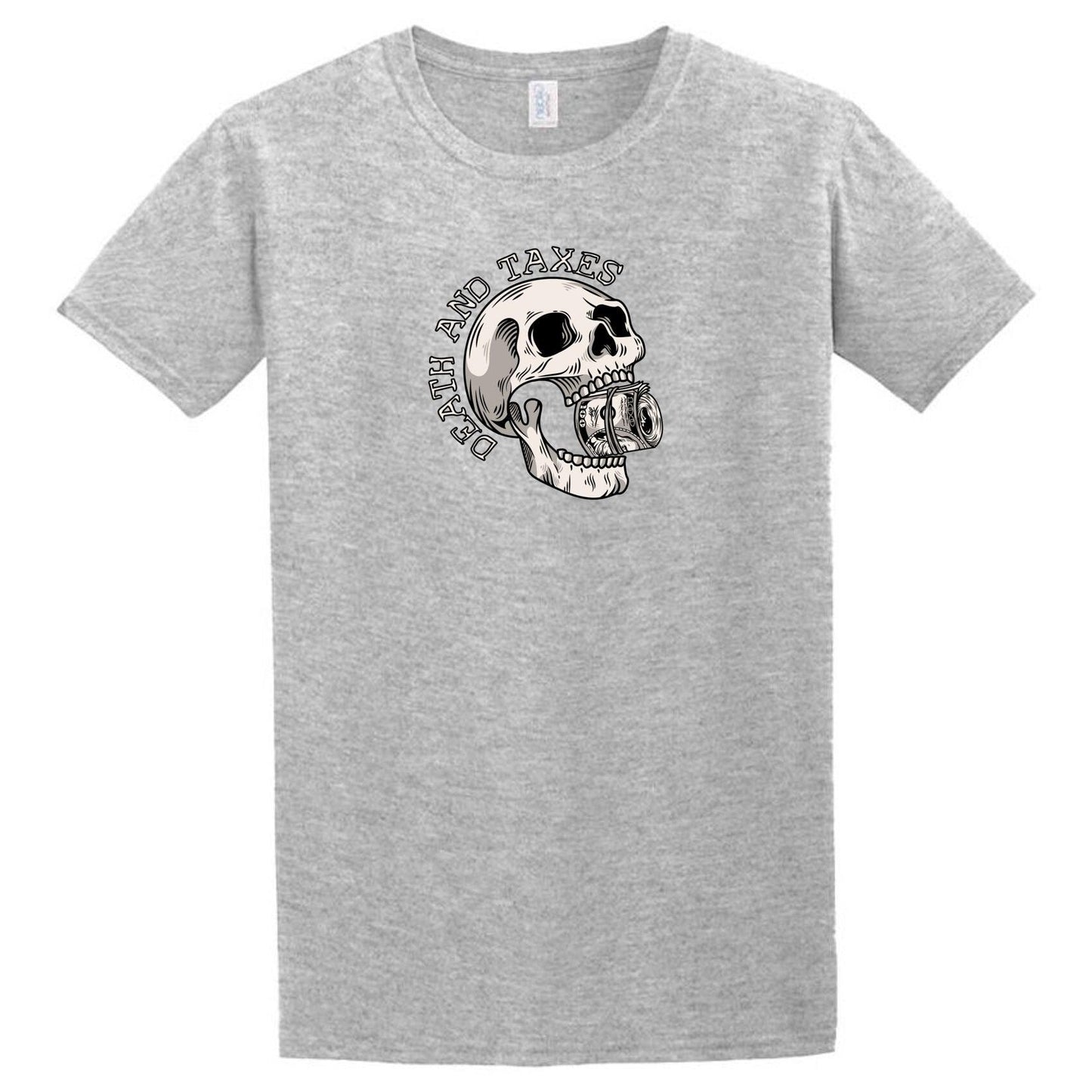 A Death And Taxes T-Shirt with a skull and crossbones on it by Twisted Gifts.