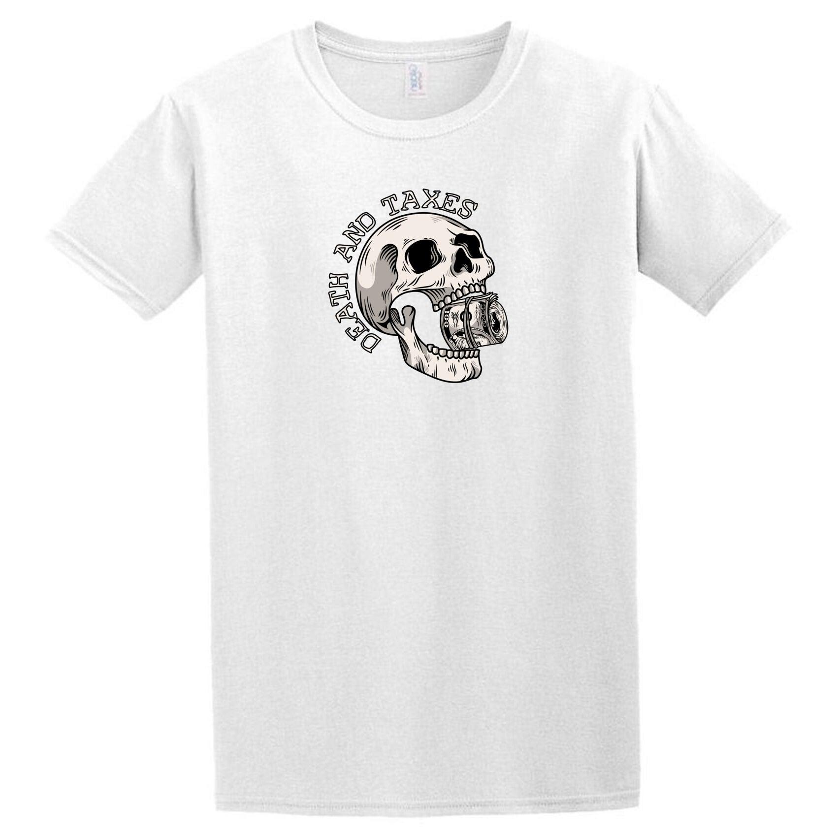 A Death And Taxes T-Shirt by Twisted Gifts with a skull on it.