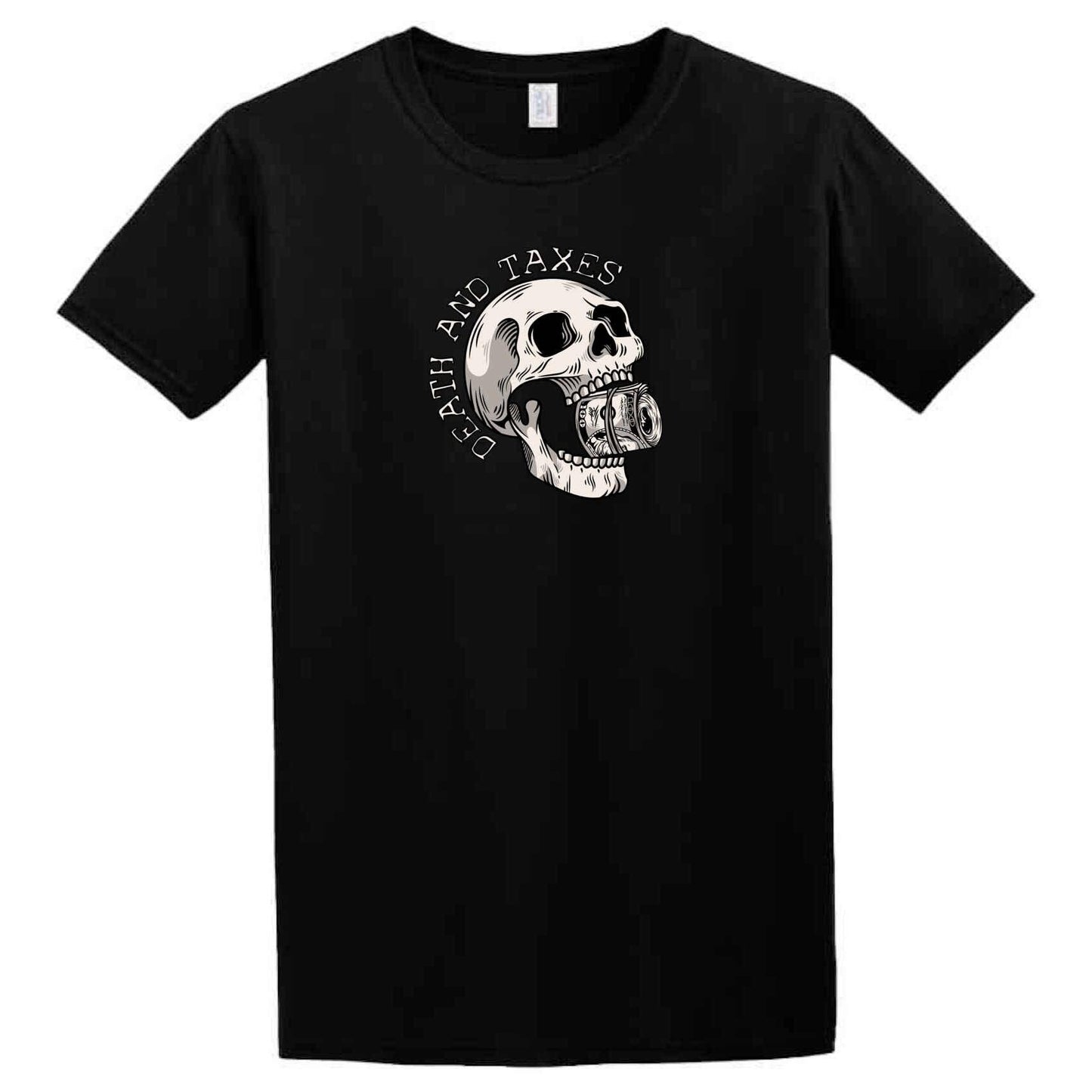 A Death And Taxes Twisted Gifts T-Shirt with a skull on it.