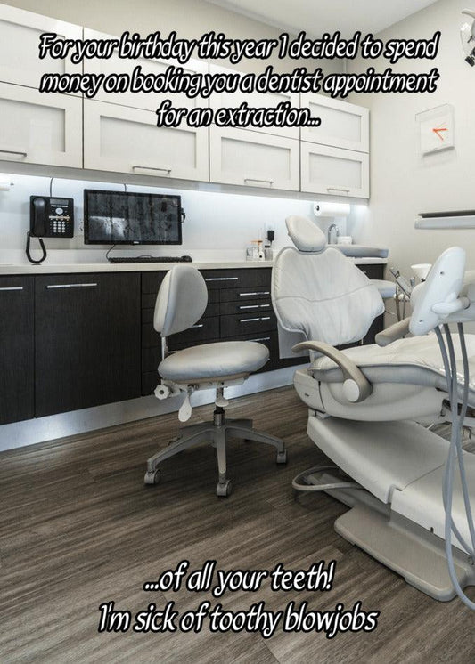 A dentist's office equipped with a Twisted Gifts Dentist Rude Birthday Card for comfortable dentist appointments.