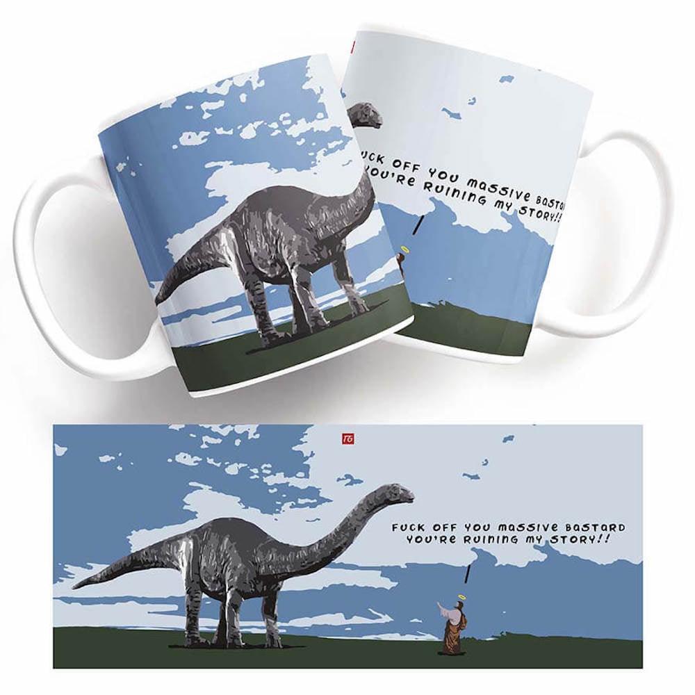 A quirky and playful addition to your Twisted Gifts mug collection with a picture of a Dino Jesus and a man.