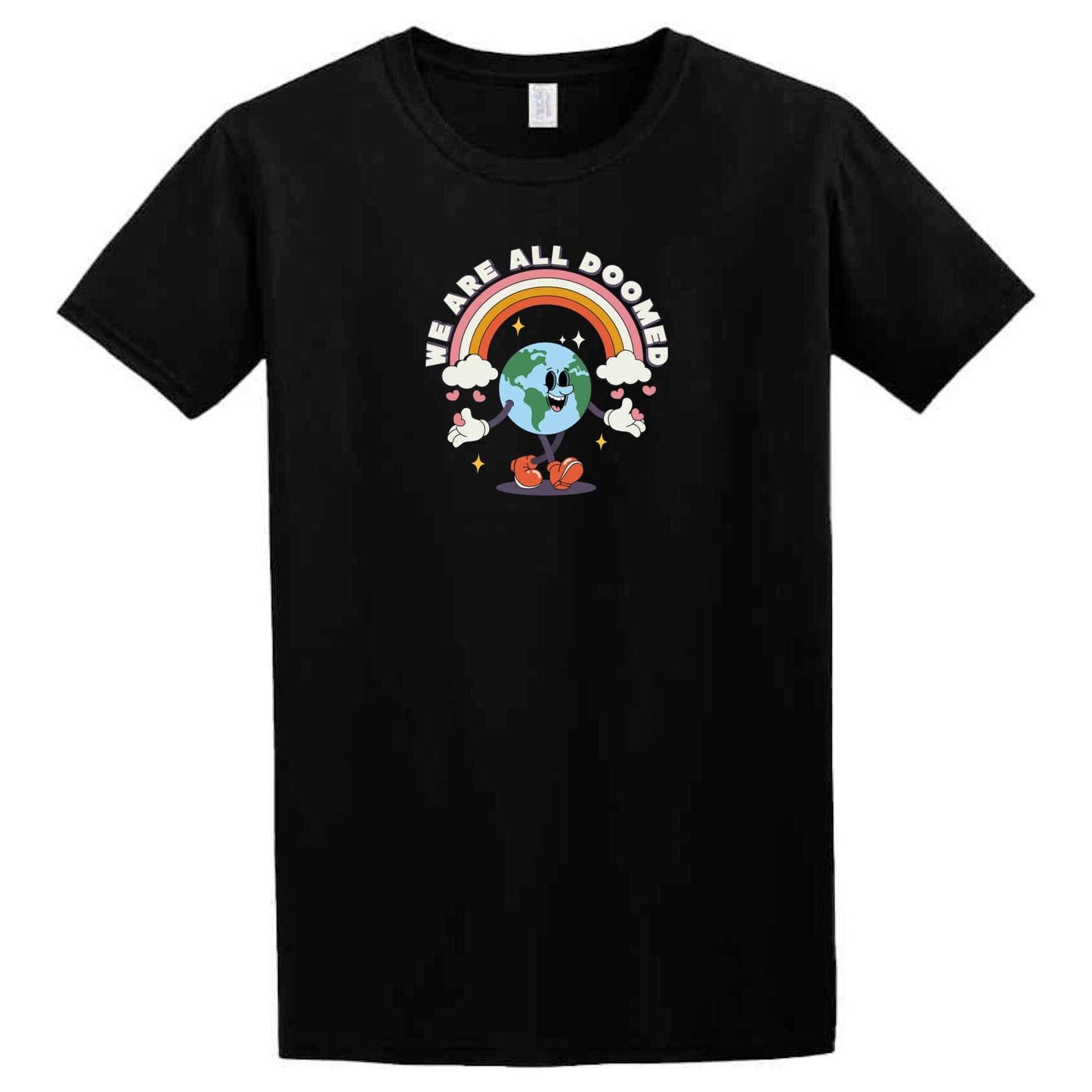 A Twisted Gifts Doomed T-Shirt with an image of an earth with a rainbow on it.